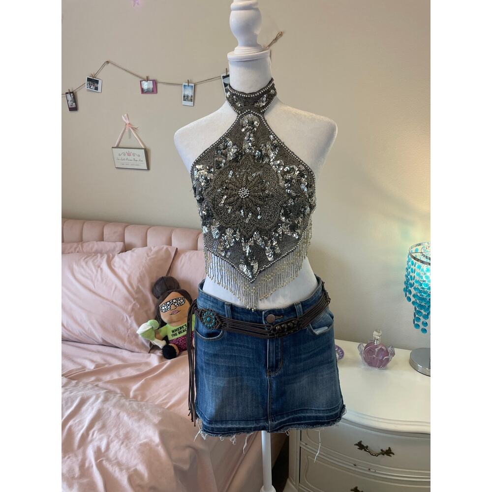 grey beaded western fashion halter top